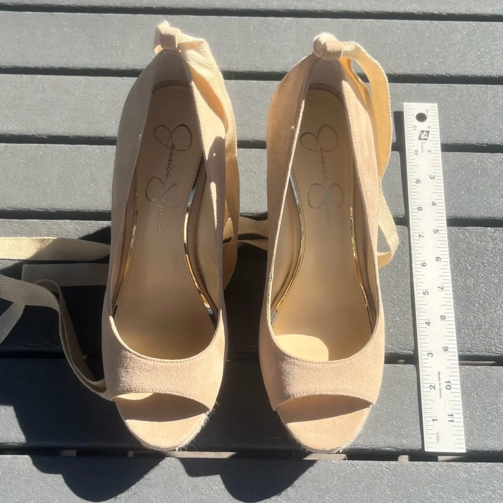 Jessica Simpson; Cream; Open-Toe; 5in Platform Wedges; Removable Ankle Tie; 9.5 - Picture 4 of 11